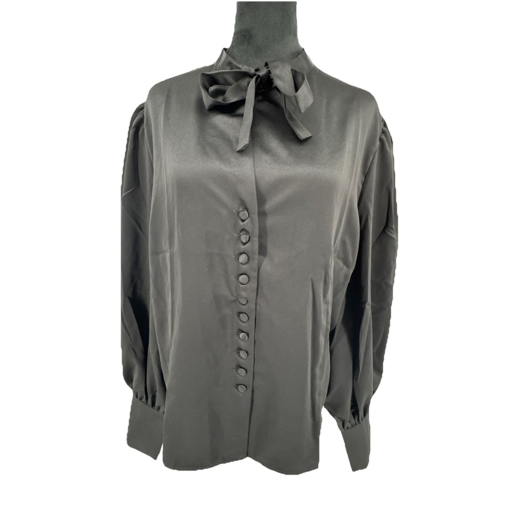 Tom Ford Womens Satin‎ Scarf Neck Top Blouse Black Size XXL  Button Puff Sleeve